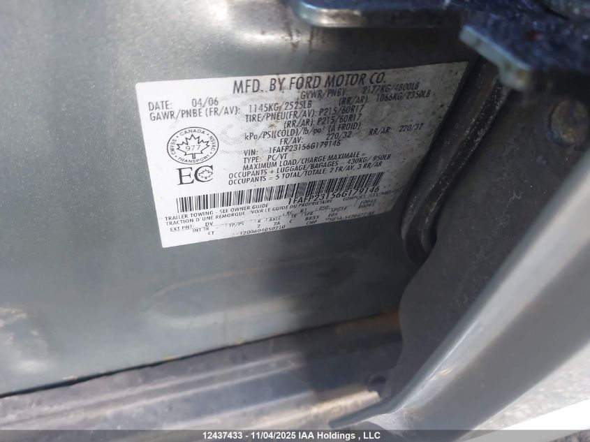 2006 Ford Five Hundred Se VIN: 1FAFP23156G179146 Lot: 12437433