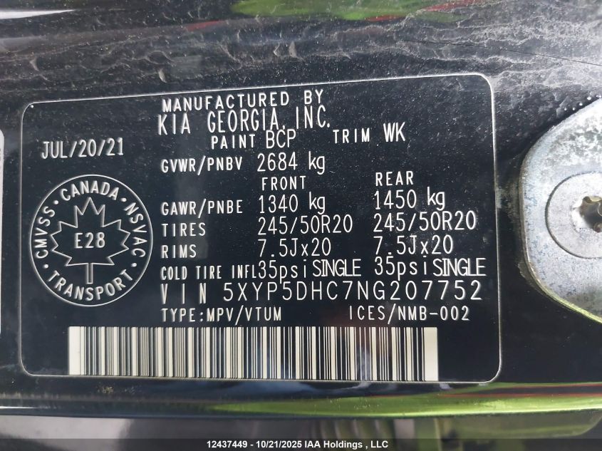 2022 Kia Telluride Sx VIN: 5XYP5DHC7NG207752 Lot: 12437449