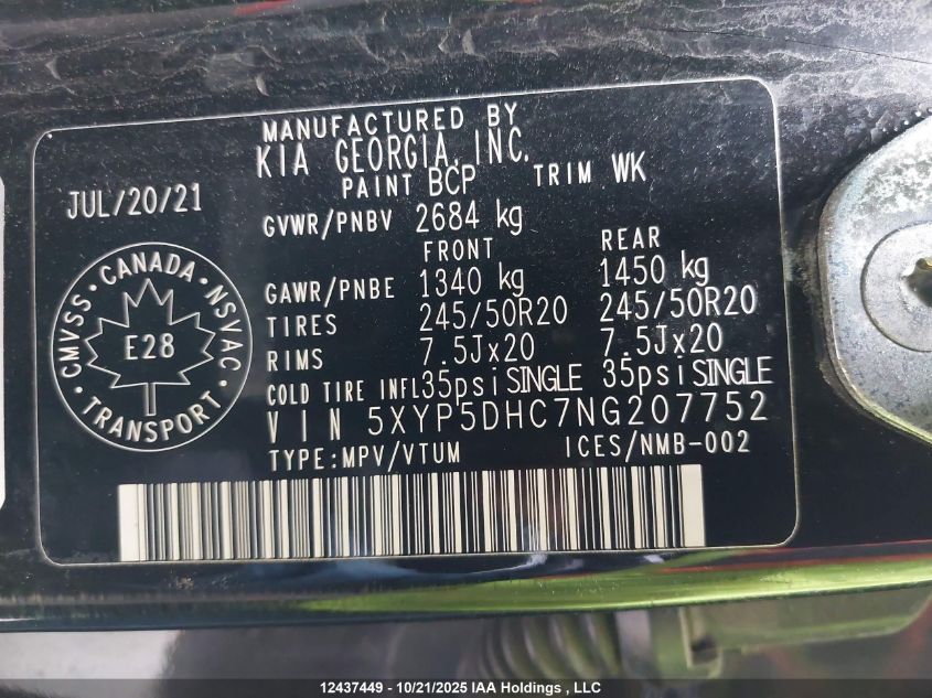 2022 Kia Telluride Sx VIN: 5XYP5DHC7NG207752 Lot: 12437449