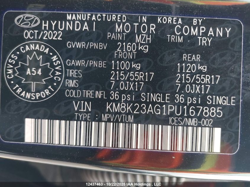 2023 Hyundai Kona Se VIN: KM8K23AG1PU167885 Lot: 12437463