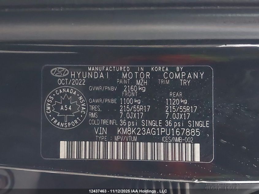 2023 Hyundai Kona Se VIN: KM8K23AG1PU167885 Lot: 12437463