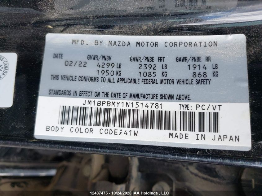 2022 Mazda Mazda3 Gt W/Turbo VIN: JM1BPBMY1N1514781 Lot: 12437475