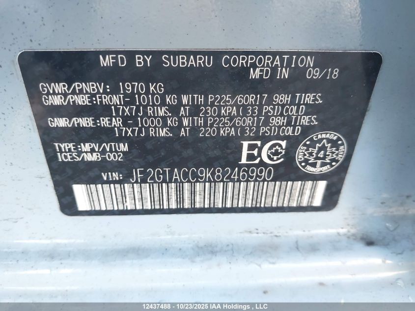 2019 Subaru Crosstrek Touring VIN: JF2GTACC9K8246990 Lot: 12437488