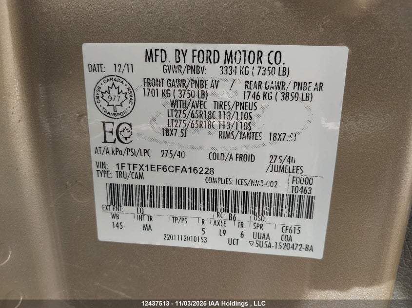 1FTFX1EF6CFA16228 2012 FORD F-150 photo no. 9