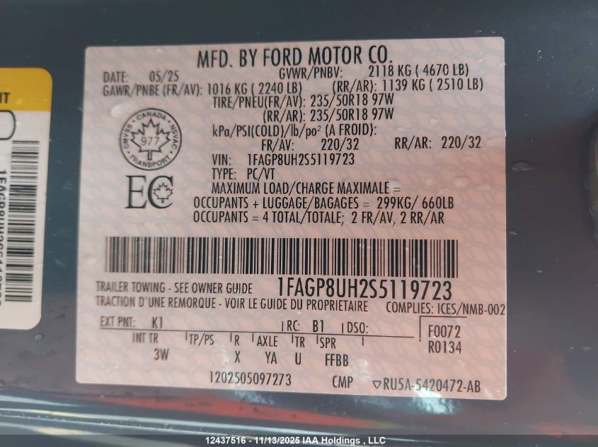2025 Ford Mustang VIN: 1FAGP8UH2S5119723 Lot: 12437516