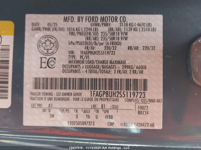 2025 Ford Mustang VIN: 1FAGP8UH2S5119723 Lot: 12437516