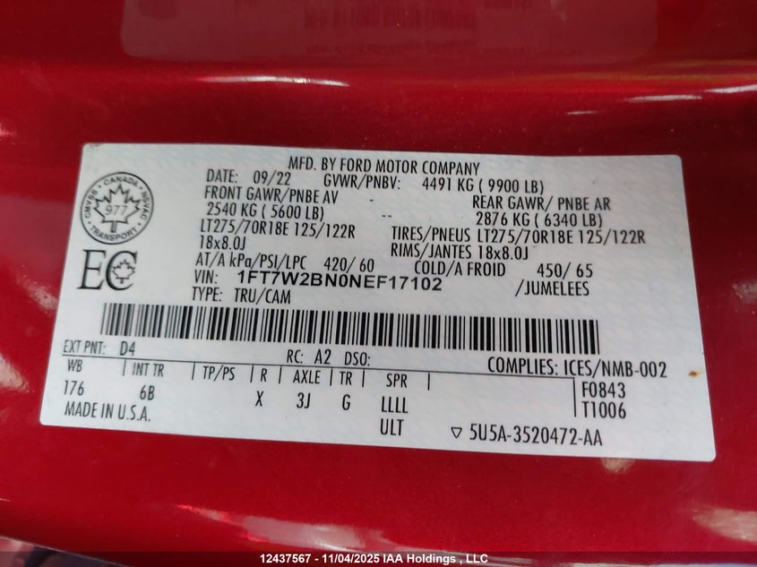 1FT7W2BN0NEF17102 2022 FORD F250 photo no. 9