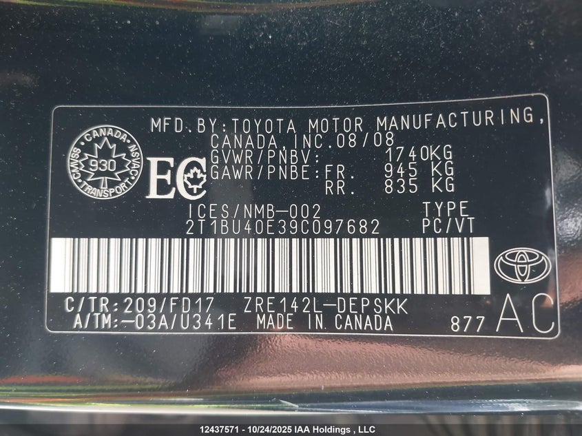 2009 Toyota Corolla S/Le/Xle VIN: 2T1BU40E39C097682 Lot: 12437571