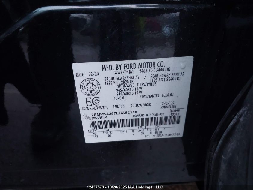 2020 Ford Edge Sel VIN: 2FMPK4J97LBA52110 Lot: 12437573