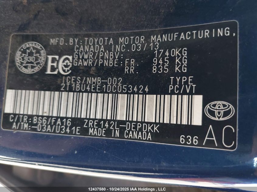 2013 Toyota Corolla S/Le VIN: 2T1BU4EE1DC053424 Lot: 12437580