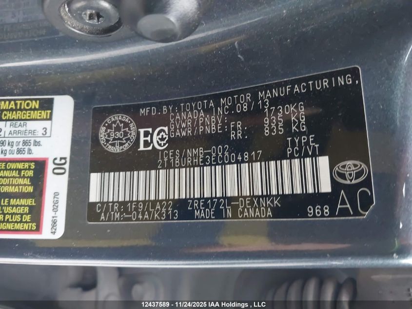 2014 Toyota Corolla VIN: 2T1BURHE3EC004817 Lot: 12437589