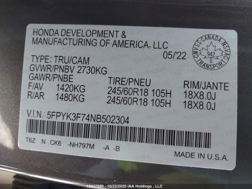 5FPYK3F74NB502304 2022 HONDA RIDGELINE photo no. 18