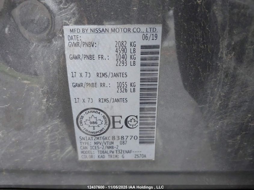 2019 Nissan Rogue S/Sl/Sv VIN: 5N1AT2MT6KC838770 Lot: 12437600