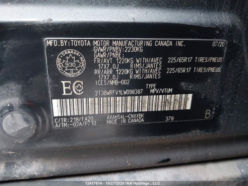 2020 Toyota Rav4 Hybrid Le VIN: 2T3BWRFV1LW098387 Lot: 12437614