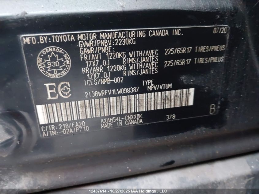 2020 Toyota Rav4 Hybrid Le VIN: 2T3BWRFV1LW098387 Lot: 12437614