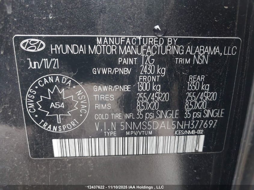 2022 Hyundai Santa Fe Ultimate Calligraphy VIN: 5NMS5DAL5NH377697 Lot: 12437622