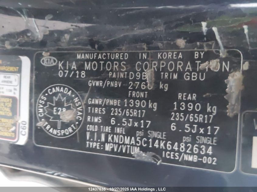 2019 Kia Sedona L VIN: KNDMA5C14K6482634 Lot: 12437635