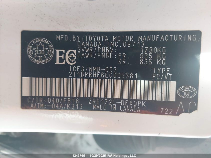 2014 Toyota Corolla Le Eco/Le Eco Upgrade VIN: 2T1BPRHE6EC005581 Lot: 12437651