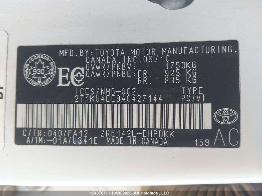 2010 Toyota Matrix Wagon VIN: 2T1KU4EE9AC427144 Lot: 12437671