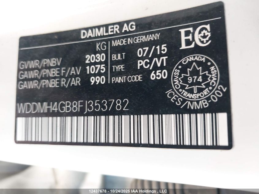 2015 Mercedes-Benz B 250 4Matic VIN: WDDMH4GB8FJ353782 Lot: 12437678