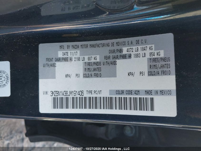 2018 Mazda Mazda3 Gt VIN: 3MZBN1W38JM191406 Lot: 12437687