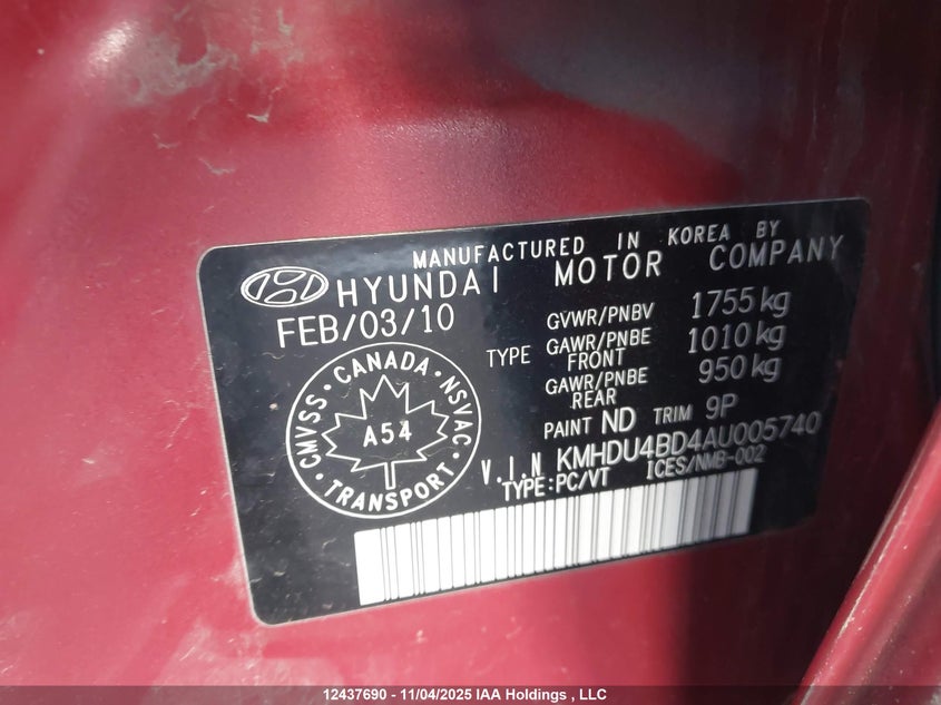 KMHDU4BD4AU005740 2010 HYUNDAI ELANTRA photo no. 9