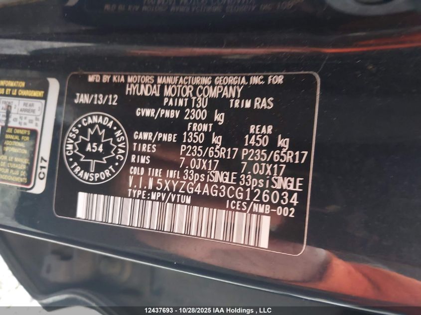 2012 Hyundai Santa Fe Gls VIN: 5XYZG4AG3CG126034 Lot: 12437693