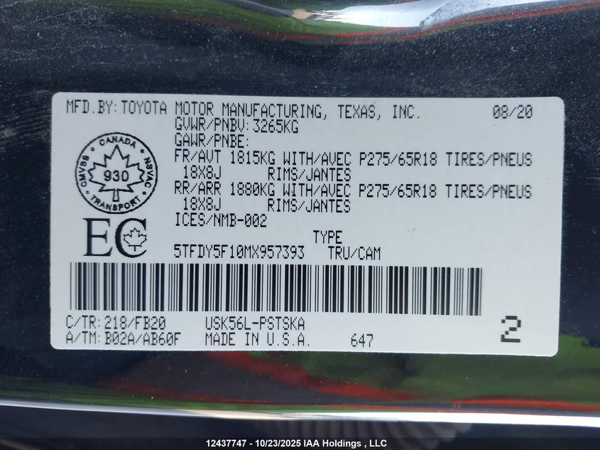 5TFDY5F10MX957393 2021 TOYOTA TUNDRA photo no. 9