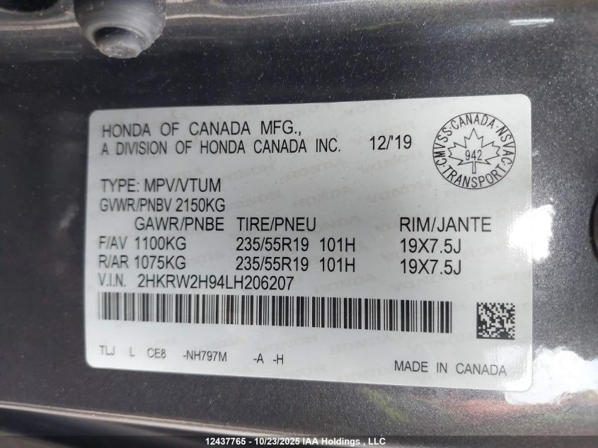2020 Honda Cr-V Touring VIN: 2HKRW2H94LH206207 Lot: 12437765