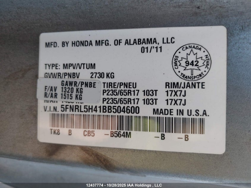 5FNRL5H41BB504600 2011 HONDA ODYSSEY photo no. 9