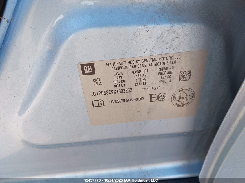 1G1PF5SC9C7302263 2012 CHEVROLET CRUZE photo no. 9