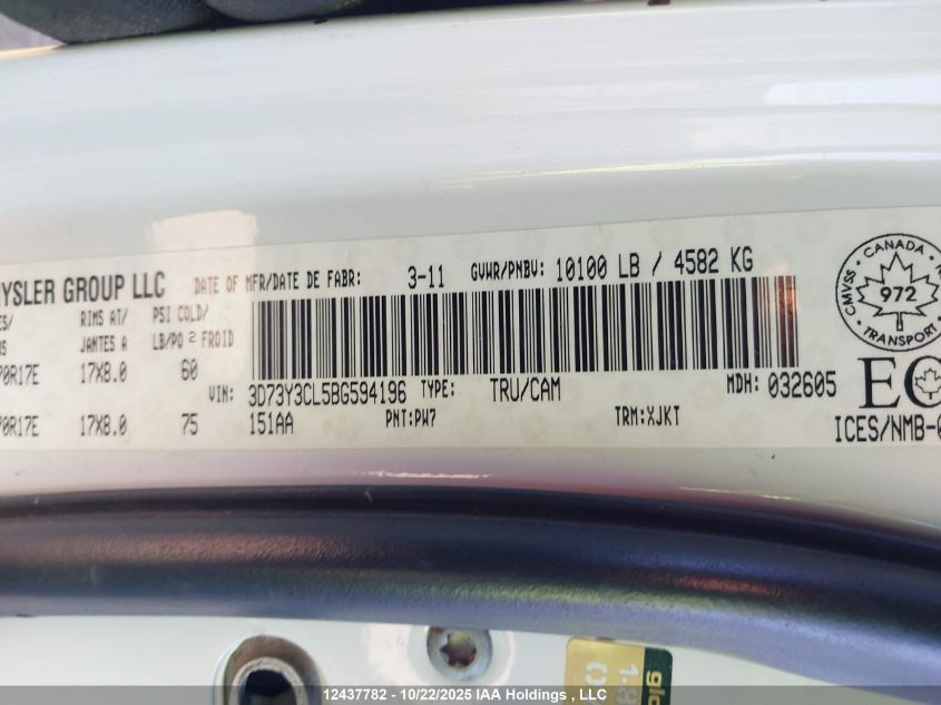 2011 Dodge Ram 3500 VIN: 3D73Y3CL5BG594196 Lot: 12437782