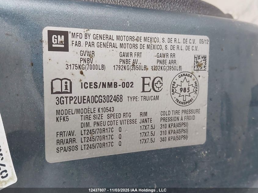 2012 GMC Sierra K1500 Sl VIN: 3GTP2UEA0CG302468 Lot: 12437807