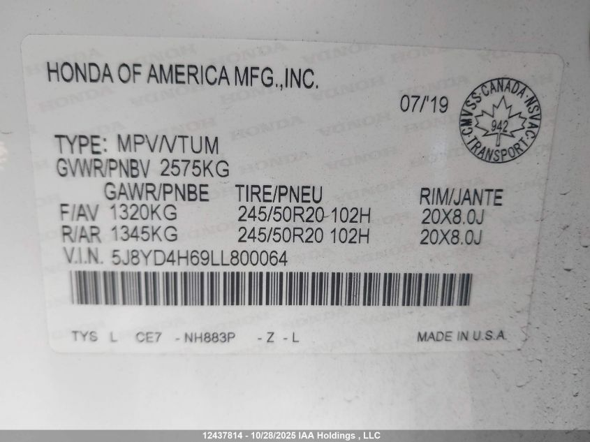 2020 Acura Mdx Tech Plus VIN: 5J8YD4H69LL800064 Lot: 12437814