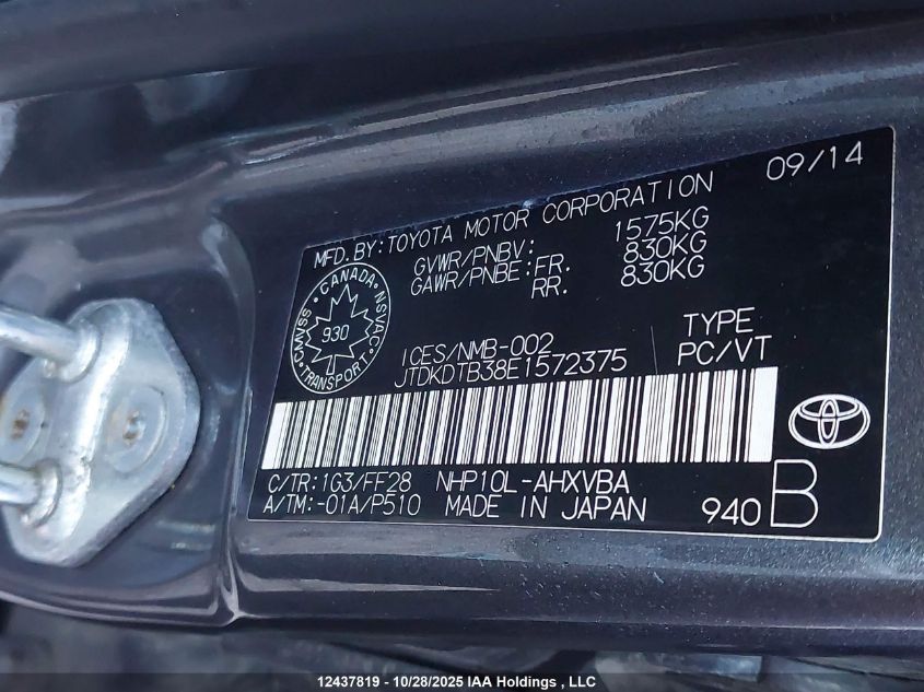 2014 Toyota Prius C VIN: JTDKDTB38E1572375 Lot: 12437819