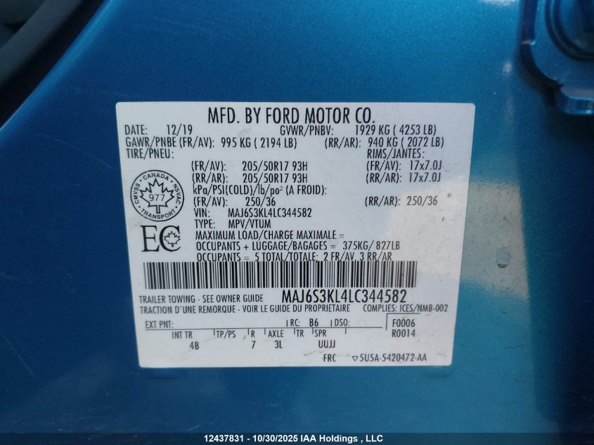 2020 Ford Ecosport Titanium VIN: MAJ6S3KL4LC344582 Lot: 12437831