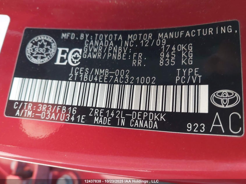2T1BU4EE7AC321002 2010 TOYOTA COROLLA photo no. 9
