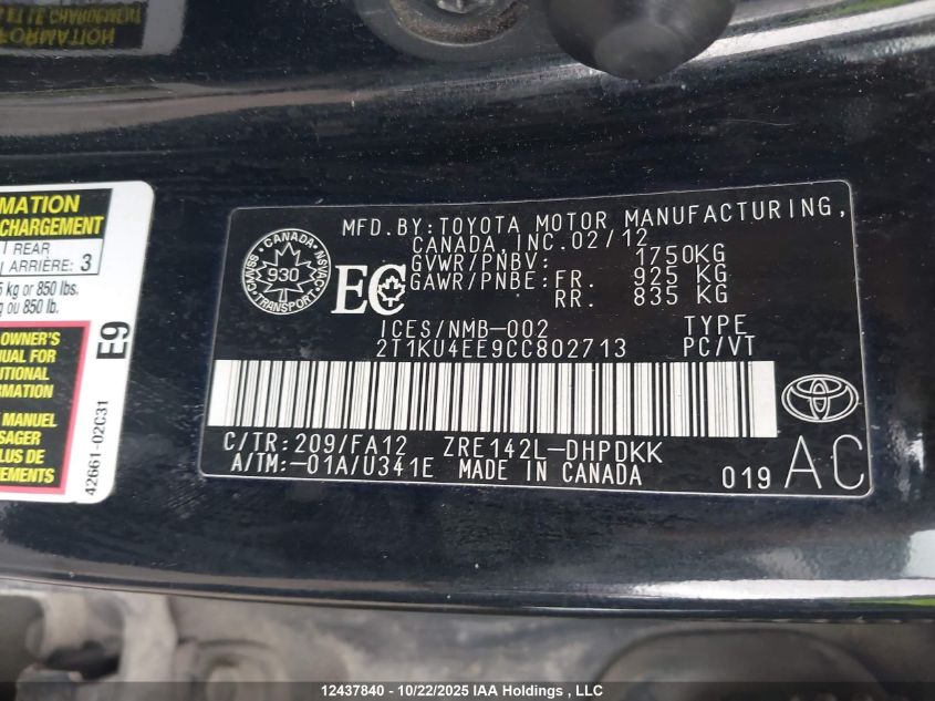 2012 Toyota Corolla Matrix VIN: 2T1KU4EE9CC802713 Lot: 12437840