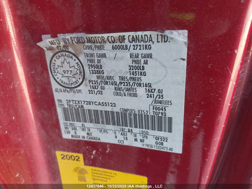 2000 Ford F150 VIN: 2FTZX1728YCA55123 Lot: 12437846