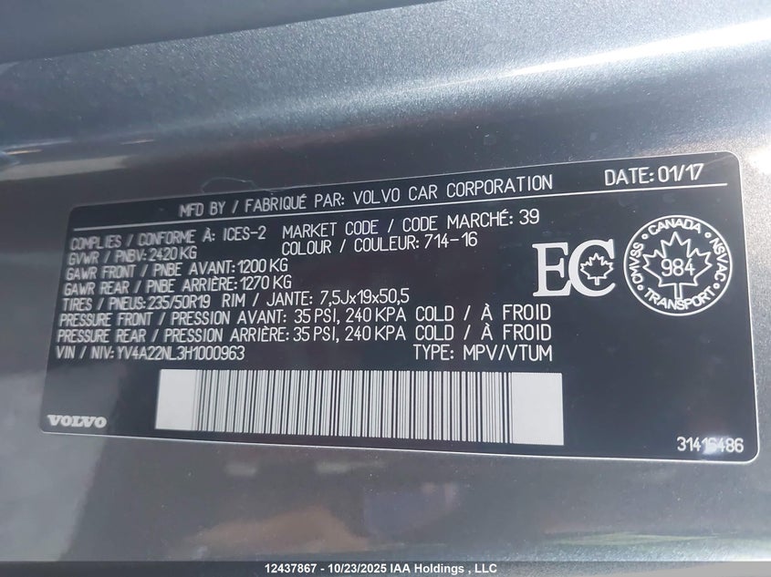 YV4A22NL3H1000963 2017 VOLVO V90 CROSS COUNTRY photo no. 9