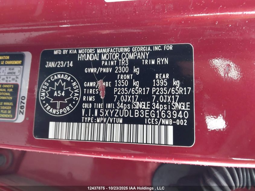 2014 Hyundai Santa Fe Sport 2.4 Luxury VIN: 5XYZUDLB3EG163940 Lot: 12437875