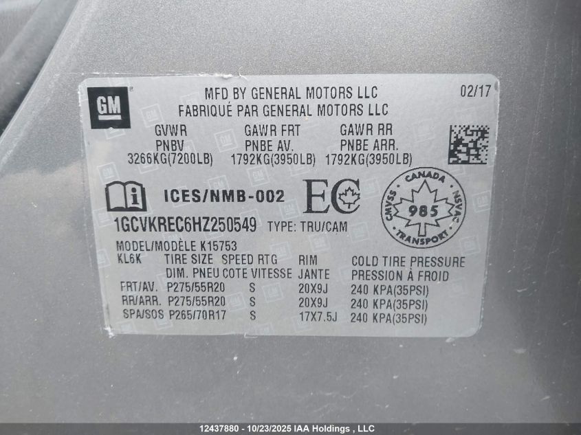 2017 Chevrolet Silverado K1500 Lt VIN: 1GCVKREC6HZ250549 Lot: 12437880