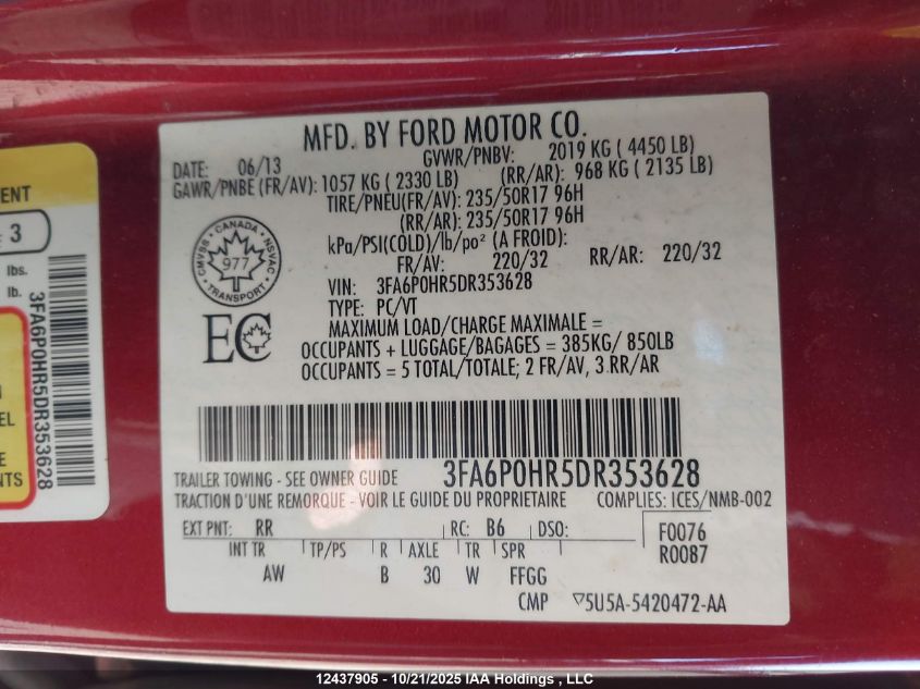 2013 Ford Fusion Se VIN: 3FA6P0HR5DR353628 Lot: 12437905