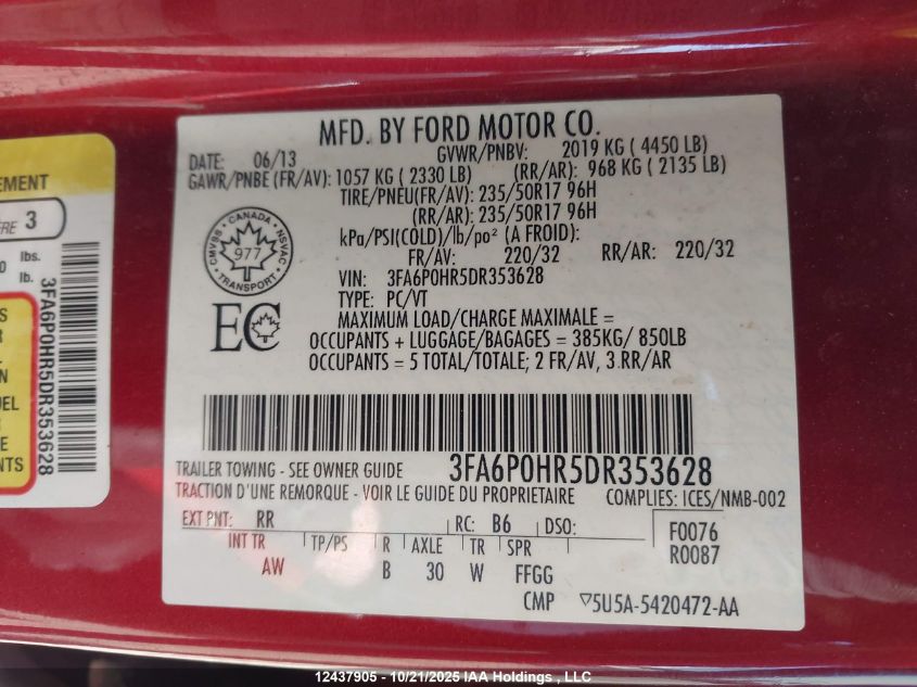 2013 Ford Fusion Se VIN: 3FA6P0HR5DR353628 Lot: 12437905