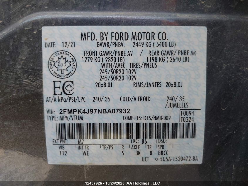 2022 Ford Edge St Line VIN: 2FMPK4J97NBA07932 Lot: 12437926