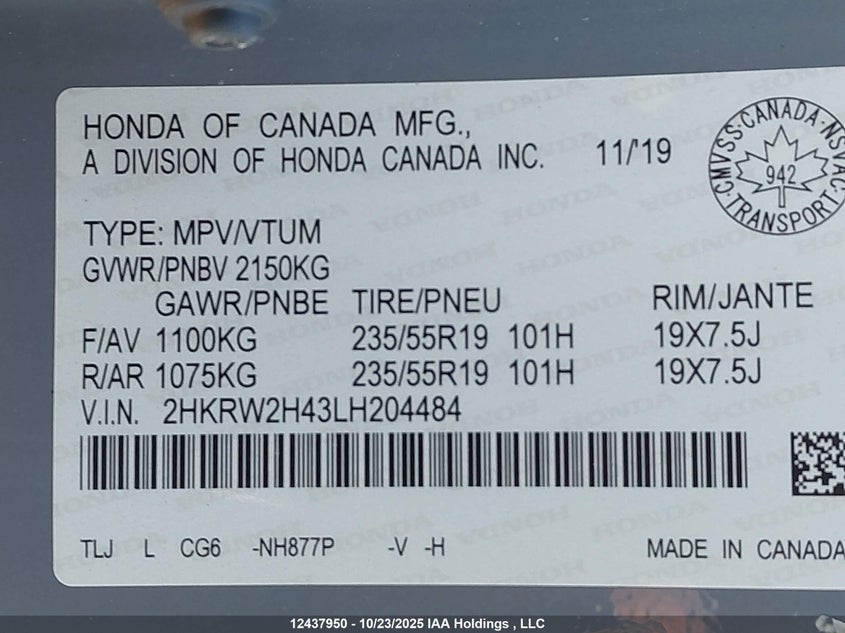2HKRW2H43LH204484 2020 HONDA CR-V photo no. 9
