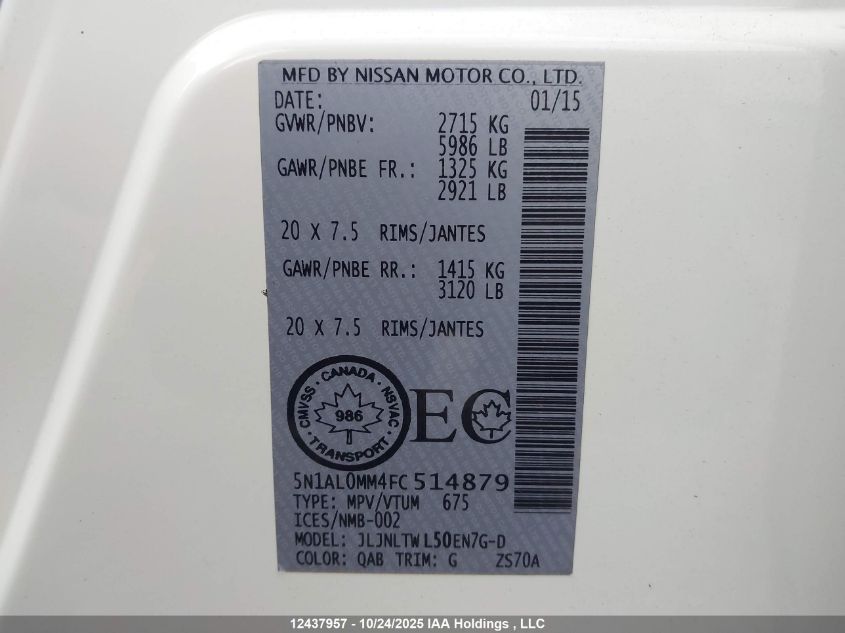 2015 Infiniti Qx60 VIN: 5N1AL0MM4FC514879 Lot: 12437957