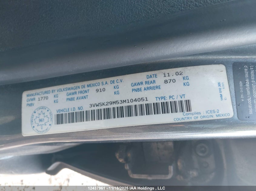 3VWSK29M53M104051 2003 VOLKSWAGEN JETTA photo no. 9
