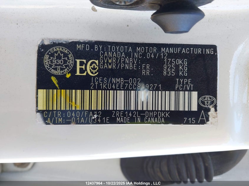 2T1KU4EE7CC849271 2012 TOYOTA MATRIX photo no. 9