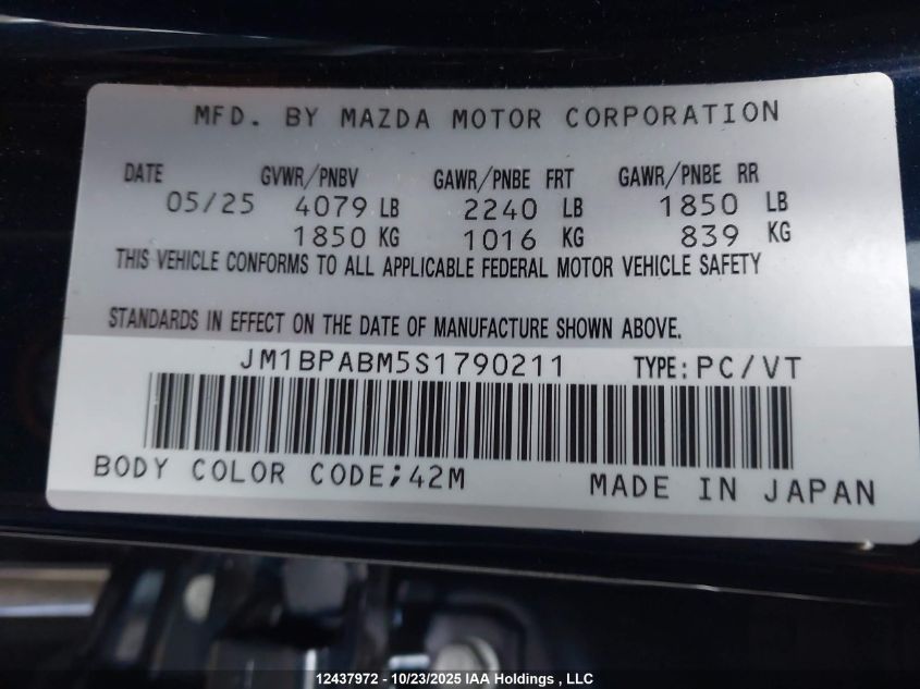 2025 Mazda 3 Select Sport VIN: JM1BPABM5S1790211 Lot: 12437972